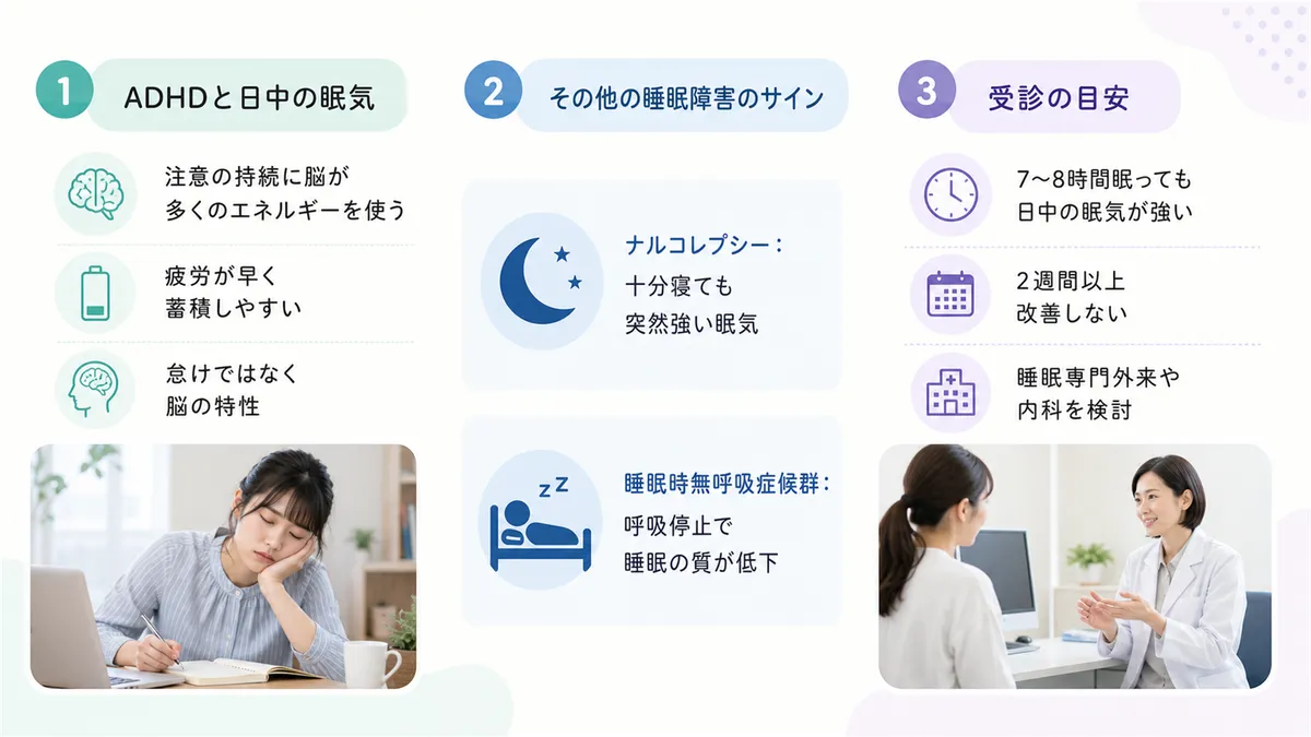ADHDと日中の眠気の関係、その他の睡眠障害のサイン、受診の目安となる症状を解説します。