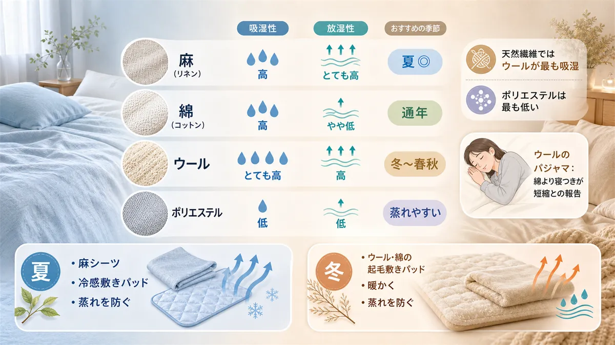 素材ごとの吸湿性と放湿性の違いと、夏と冬で使い分ける敷きパッドとシーツの選び方を紹介します。（素材の違い：麻（リネン）→吸湿性高・放湿性とても高・夏に特におすすめ。綿（コットン）→吸湿性高・放湿性やや低・通年使いやすい。ウール→吸湿性とても高・放湿性高・冬〜春秋におすすめ。ポリエステル→吸湿性・放湿性とも低く蒸れやすい。夏の使い分け：麻のシーツや冷感敷きパッドで蒸れを防ぐ。冬の使い分け：ウールや綿の起毛素材の敷きパッドで暖かく保ちつつ蒸れを防ぐ）