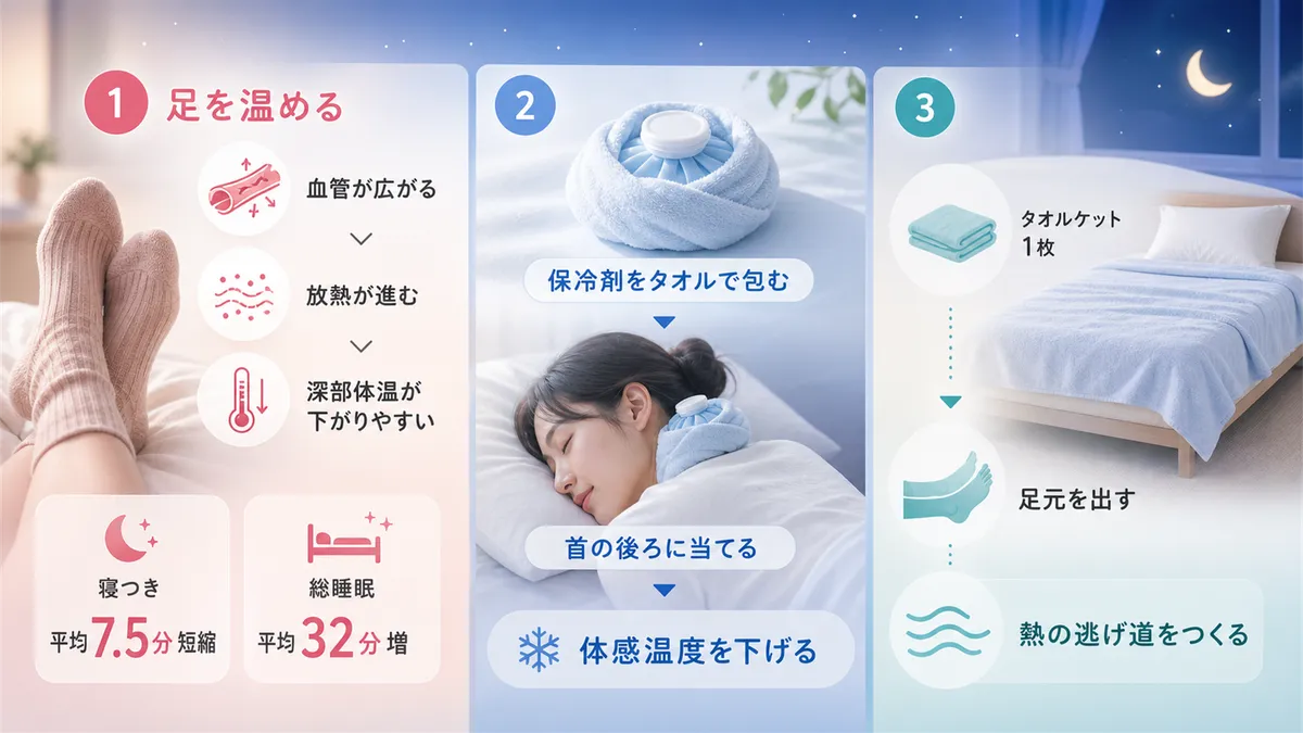 靴下を履いて寝ると寝つきが早くなる理由と、首周りの冷却と掛け布団のかけ方の工夫を紹介します。