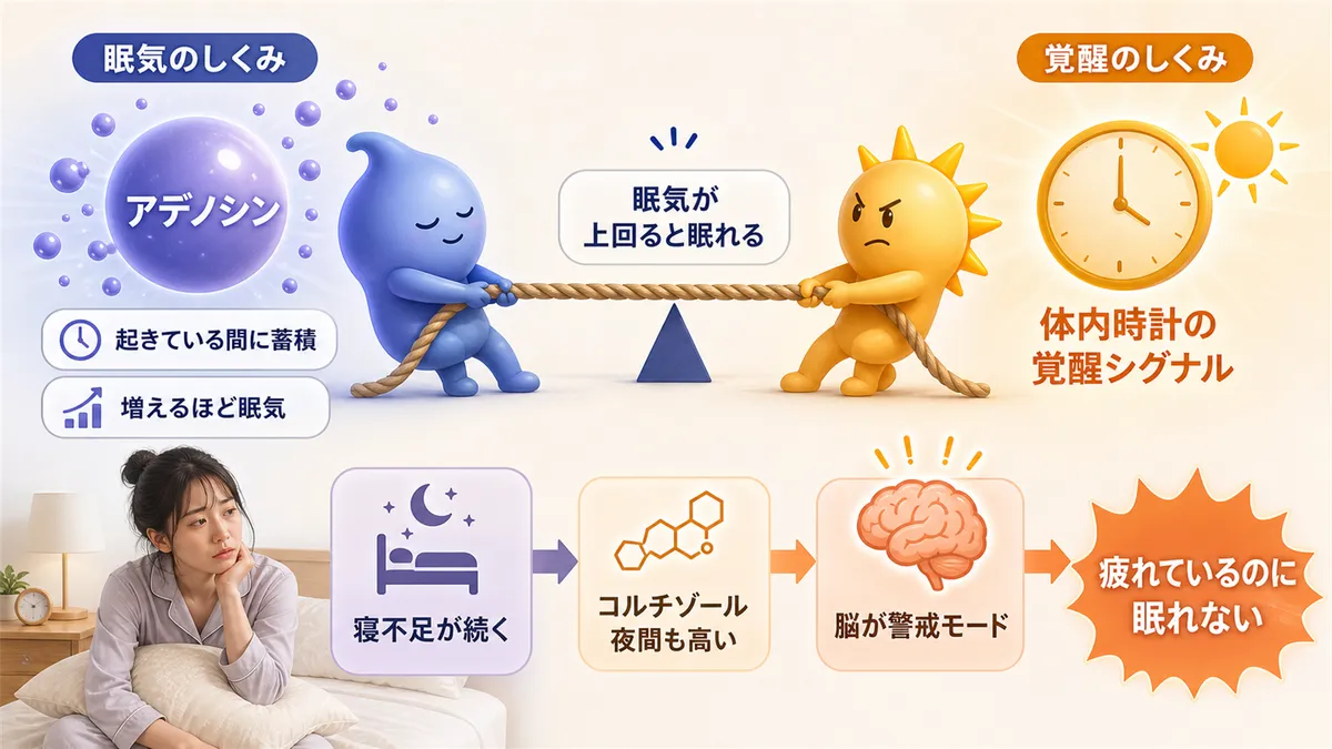 眠気をためる仕組みと覚醒を維持する仕組みの綱引き、寝不足がストレスホルモンを増やし脳を警戒モードにすることを解説します。