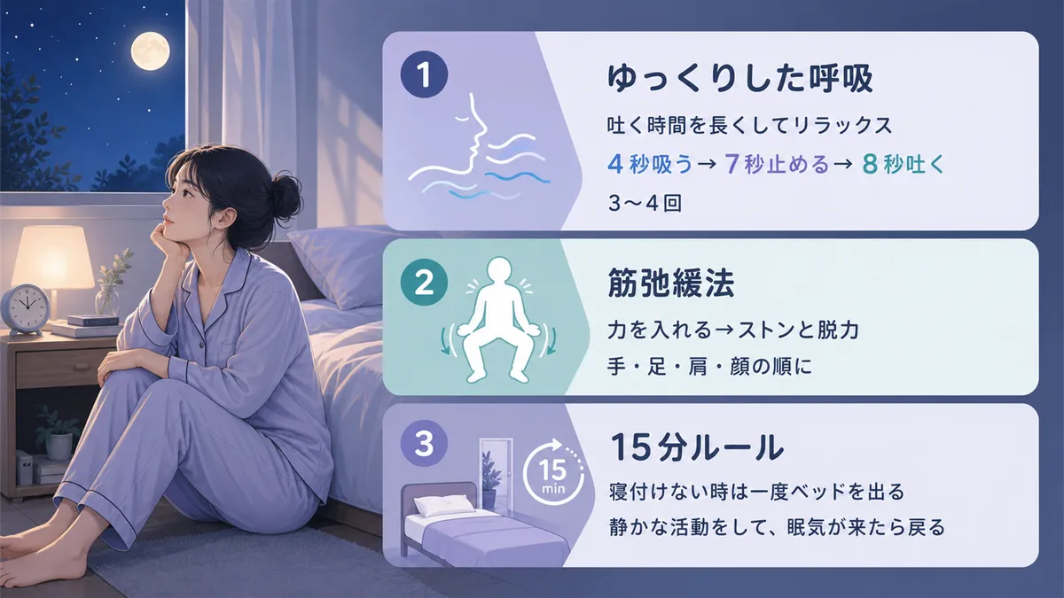 ゆっくりした呼吸で覚醒モードをリセットする方法、筋弛緩法で体の緊張をほぐす方法、15分寝付けなかったらベッドを出るルールを紹介します。