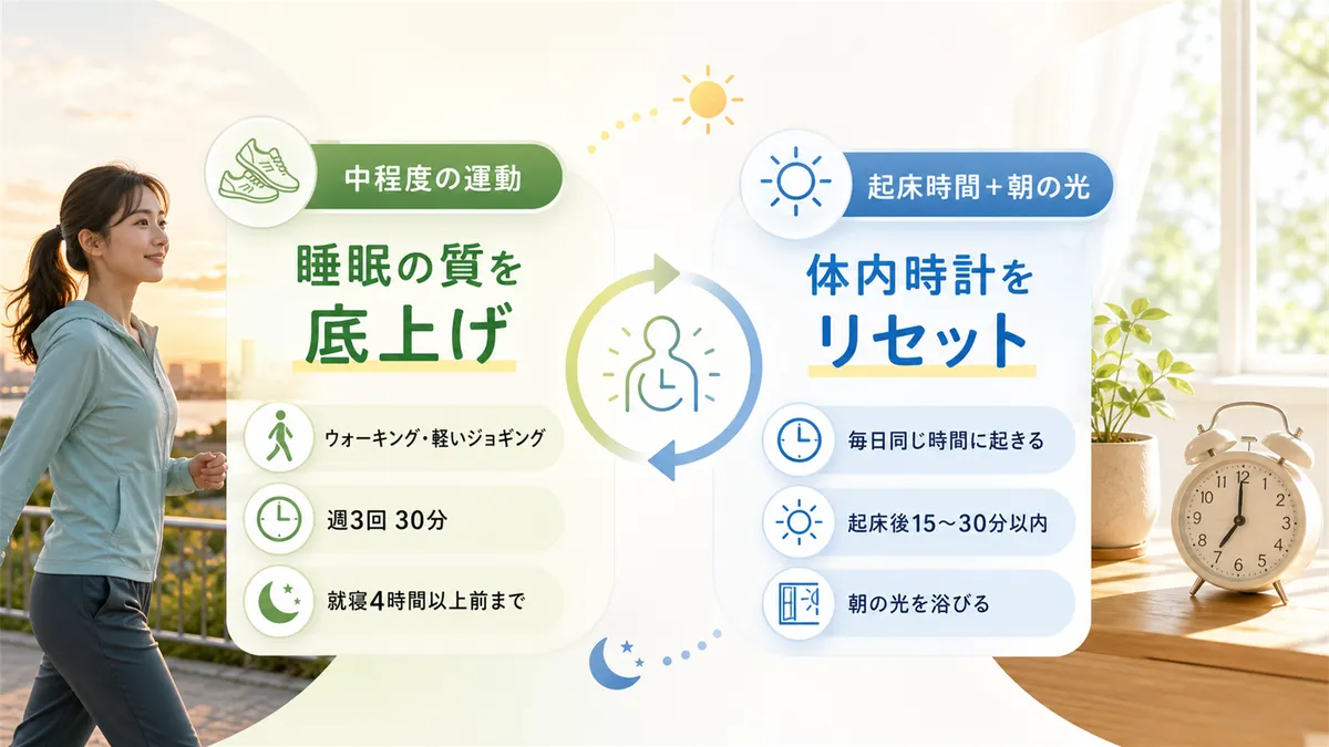 中程度の運動が睡眠の質を底上げすること、起床時間の固定と朝の光で体内時計をリセットする方法を紹介します。