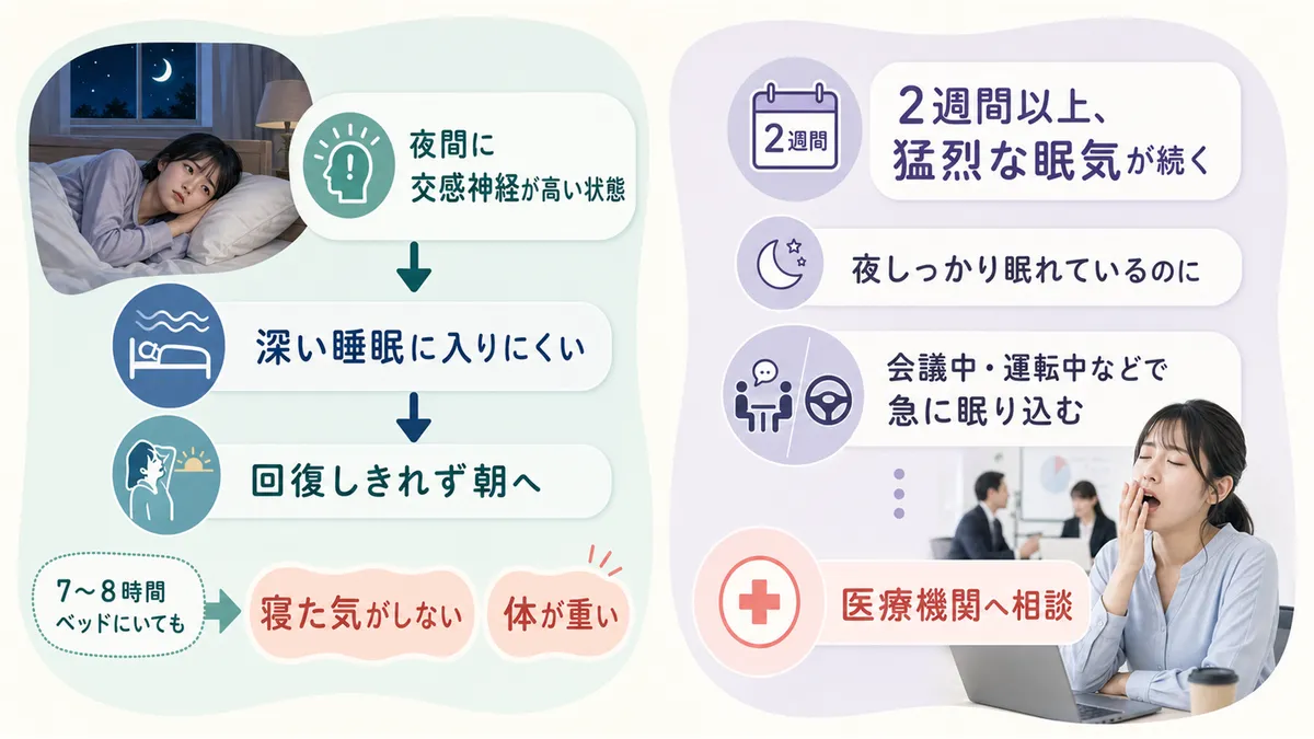 浅い睡眠が日中の眠気を招くメカニズムと、異常な日中の眠気が続くときの注意点を紹介します。