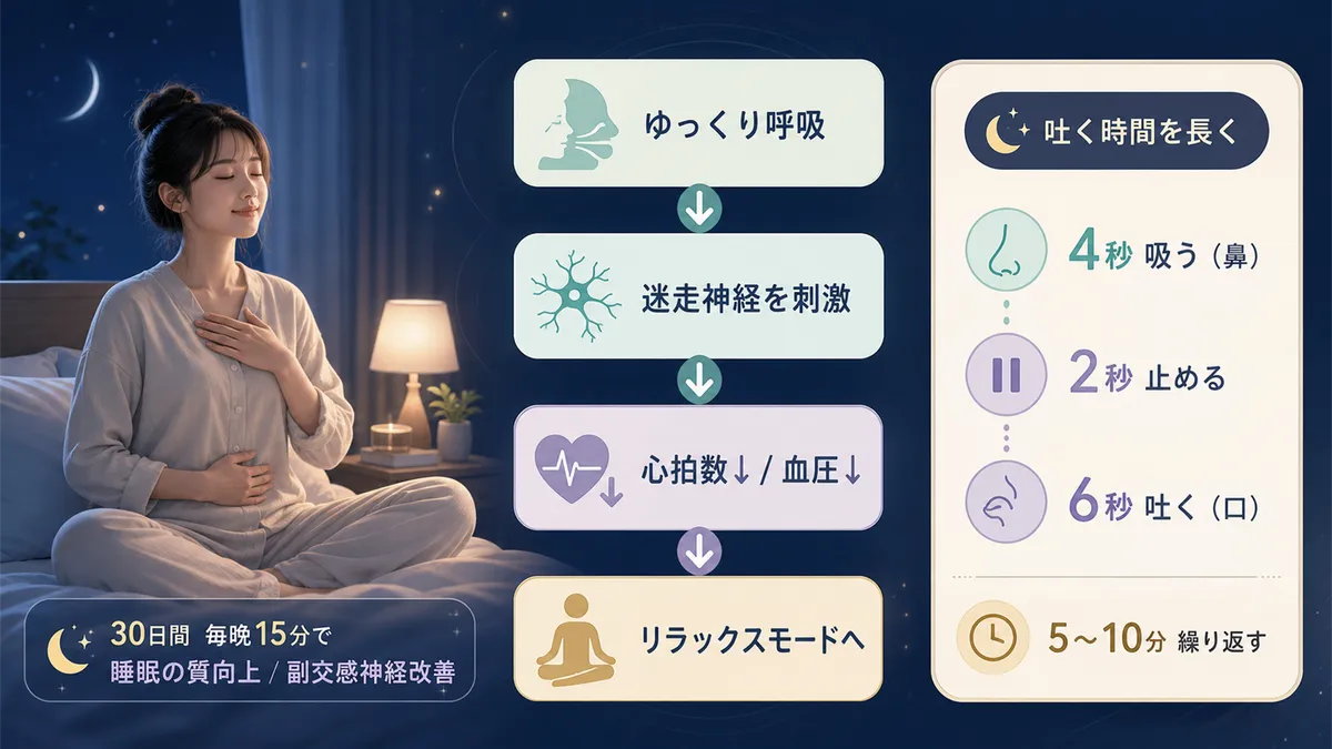 ゆっくり呼吸すると副交感神経が活性化する理由と、今夜からできる呼吸法の具体的な手順を紹介します。