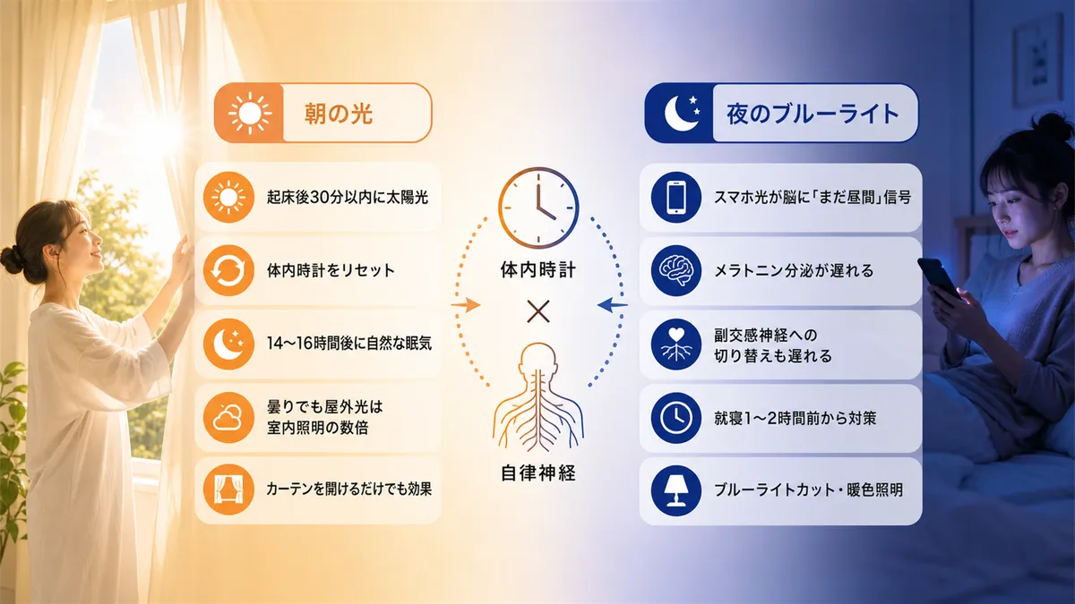 朝の光が体内時計と自律神経を同時にリセットすること、夜のブルーライトが自律神経の切り替えを妨げる理由を解説します。