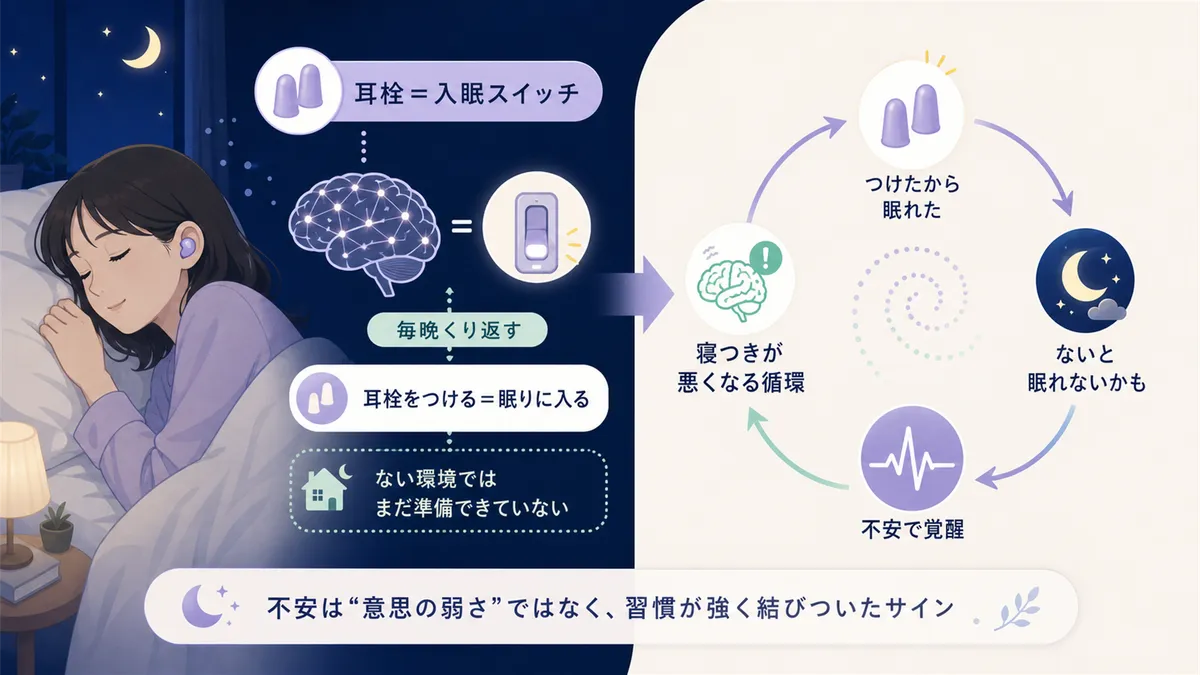 脳が耳栓を入眠のスイッチとして覚えていること、「ないと不安」になるのは習慣が強化された証拠であることを解説します。