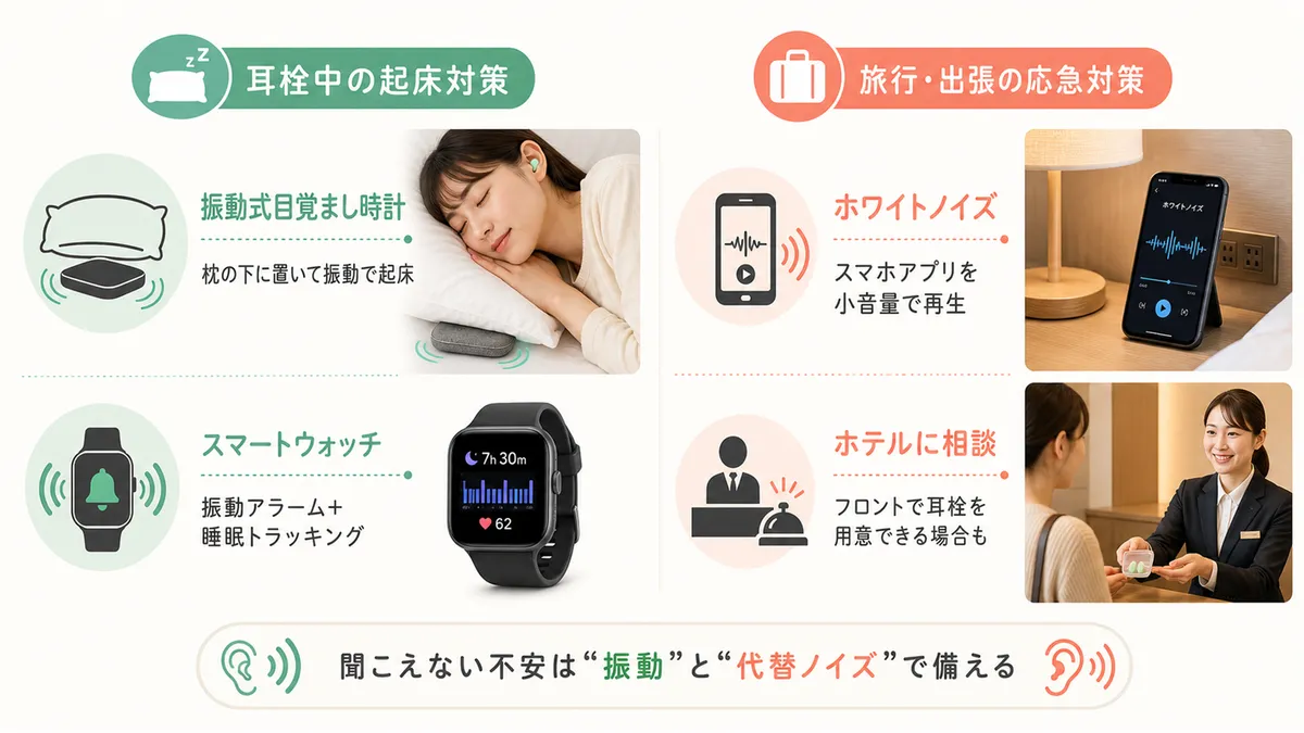 振動式目覚まし時計やスマートウォッチの活用と、旅行や出張で耳栓がないときの応急対策を紹介します。
