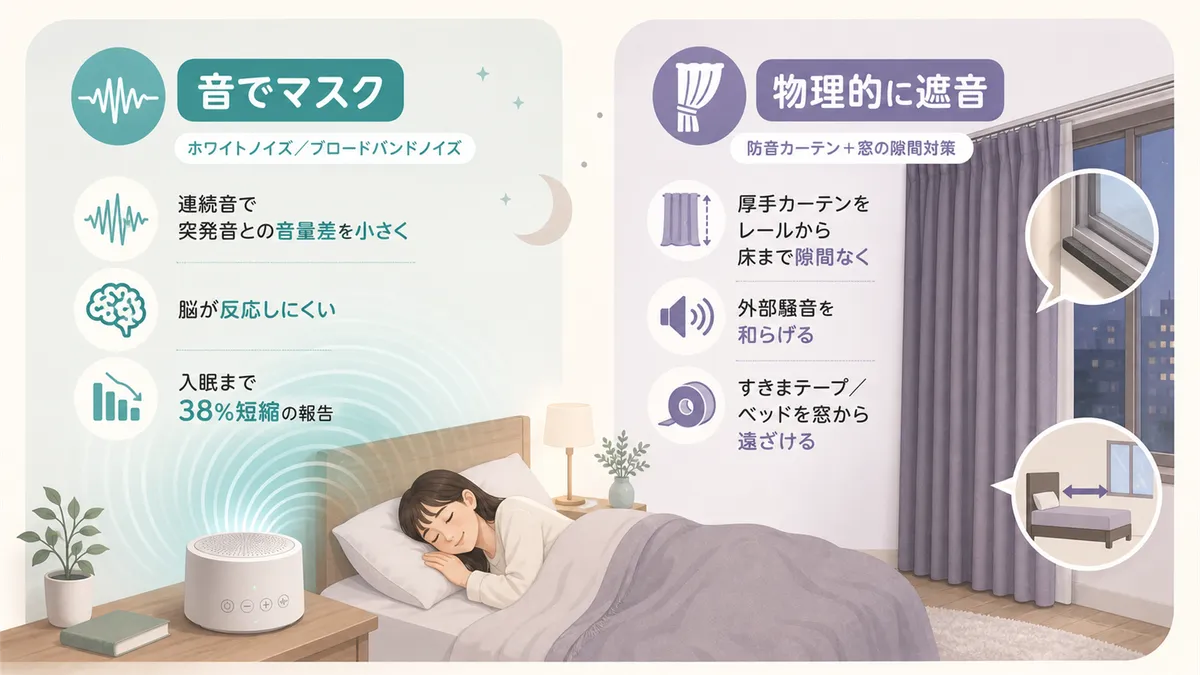 ホワイトノイズやブロードバンドノイズで騒音をマスクする方法と、防音カーテンや窓の隙間対策で物理的に遮音する方法を紹介します。