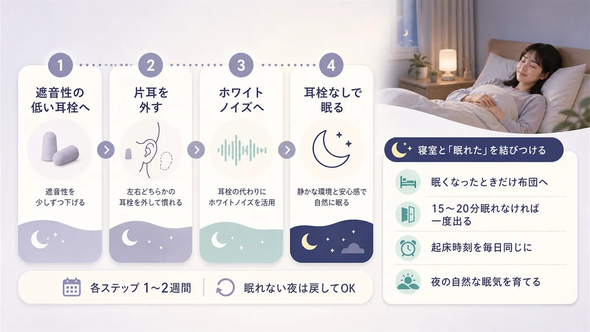 4ステップで段階的に耳栓を手放す方法と、寝室と「耳栓なしでも眠れた」の結びつきを育てる方法を紹介します。