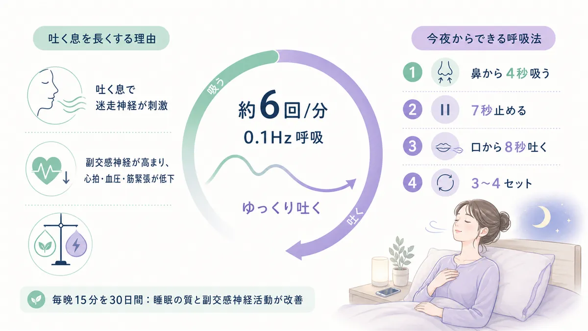 吐く息を長くすると体がリラックスする理由と、今夜から試せるゆっくり呼吸法の手順を紹介します。