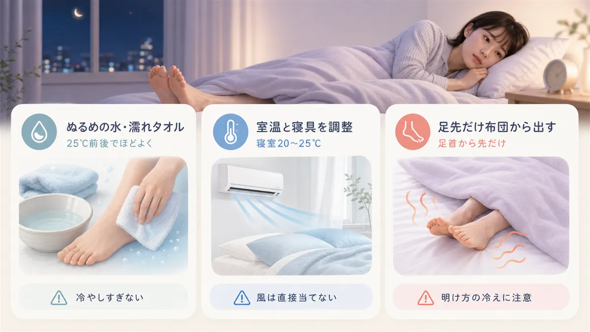 ぬるめの水や濡れタオルでほどよく冷やす方法、室温と寝具の調整、布団から足を出す方法と注意点を紹介します。