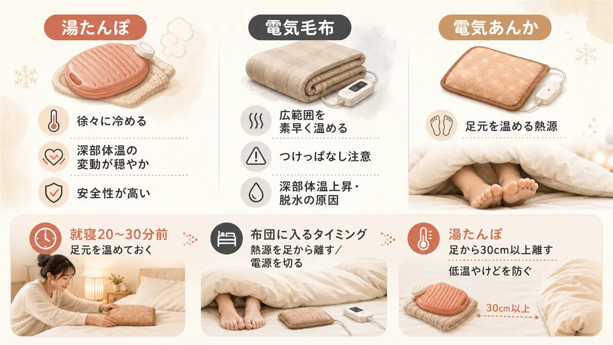 それぞれの特徴と向いている使い方、布団を事前に温めてから熱源を外す方法を紹介します。