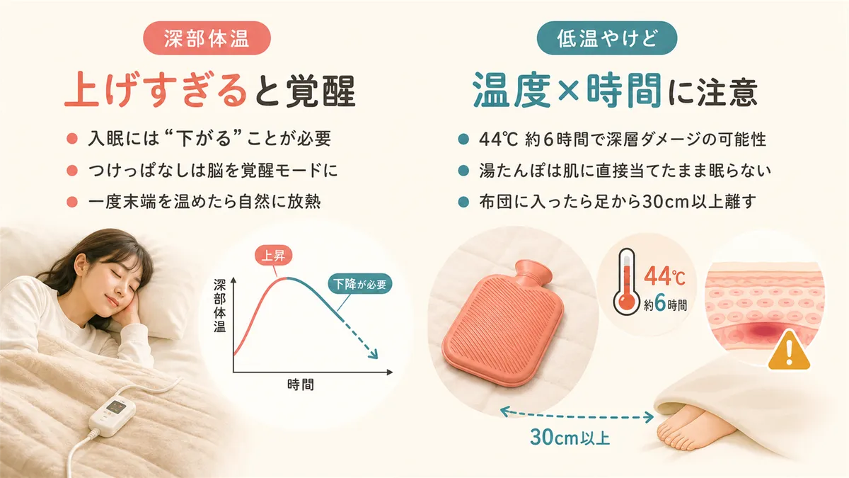 深部体温を上げすぎると覚醒してしまうこと、低温やけどの温度と時間の目安を解説します。