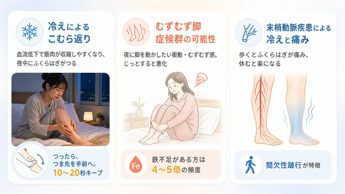 冷えによるこむら返り、むずむず脚症候群の可能性、末梢動脈疾患による冷えと痛みを解説します。