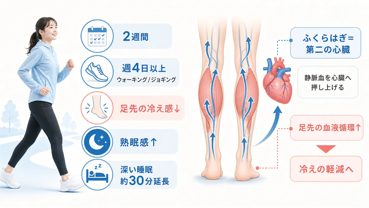 2週間の有酸素運動で冷えと睡眠が改善した研究と、ふくらはぎの筋肉が第二の心臓として働く仕組みを紹介します。