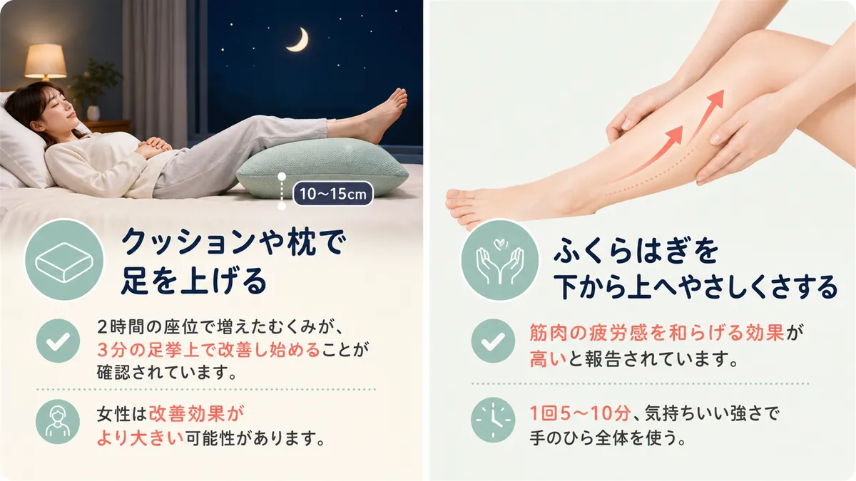 クッションや枕で足を10〜15cm上げる方法と、ふくらはぎを下から上にやさしくさする方法を紹介します。