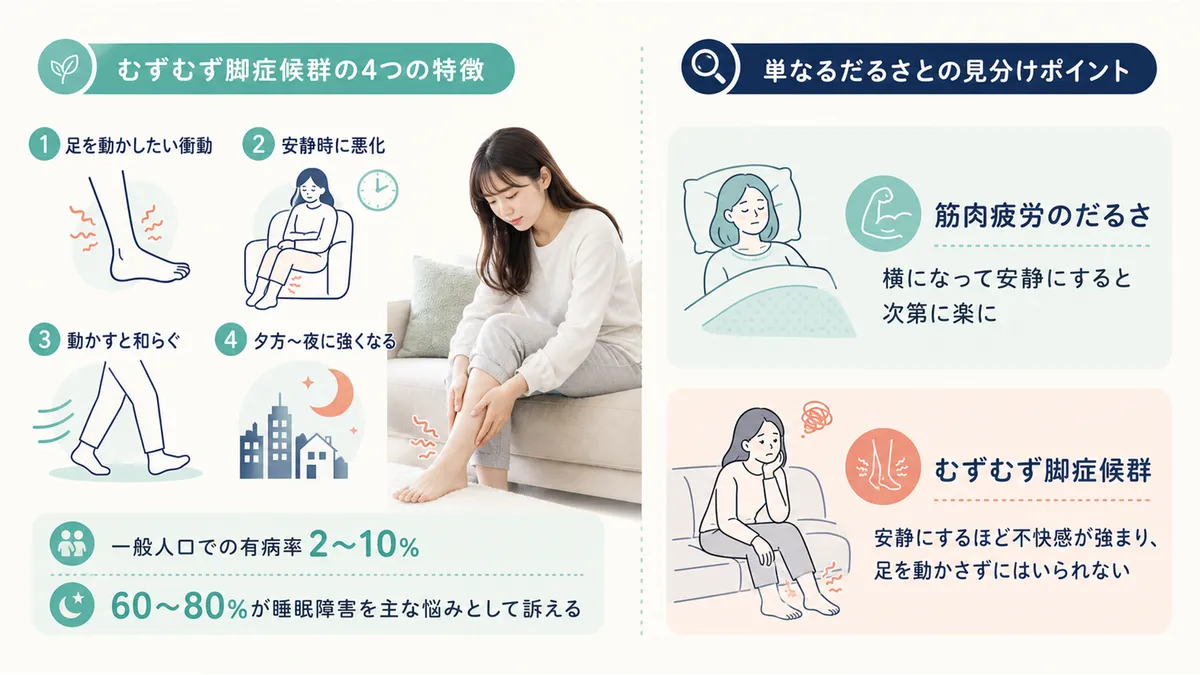 むずむず脚症候群の4つの特徴と、単なるだるさとの見分けポイントを紹介します。