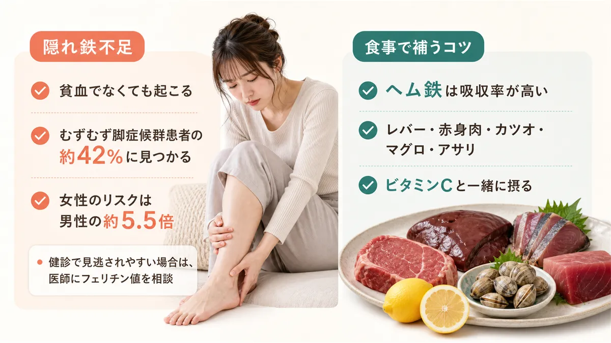 貧血でなくても「隠れ鉄不足」があること、鉄分を食事から補うコツを紹介します。