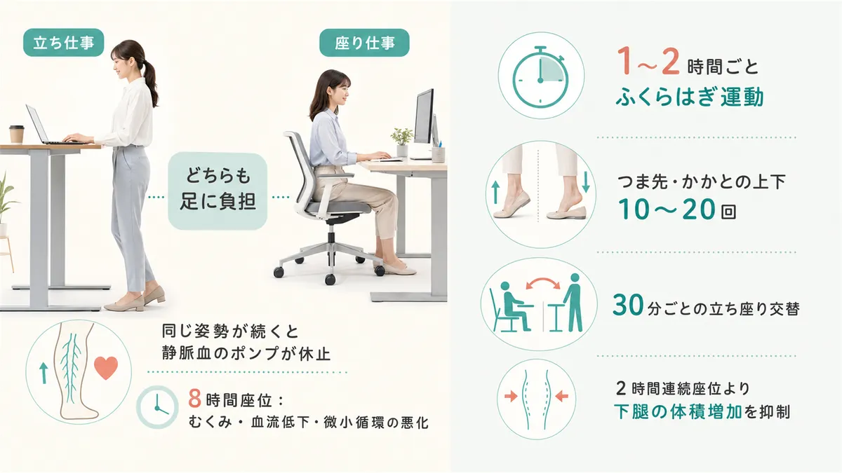 立ち仕事と座り仕事のどちらも足に負担がかかること、1〜2時間ごとのふくらはぎ運動で予防する方法を紹介します。