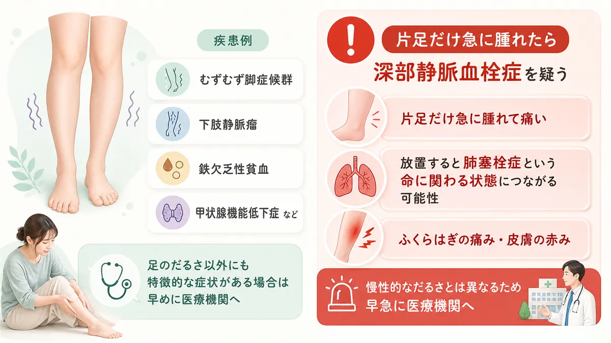 注意したい疾患と特徴的な症状、片足だけ急に腫れたら深部静脈血栓症を疑うべきことを紹介します。