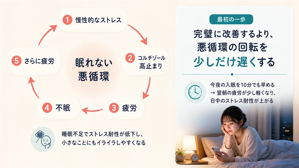 ストレスホルモンが作る「眠れない悪循環」の正体と、悪循環を断つ最初の一歩を紹介します。