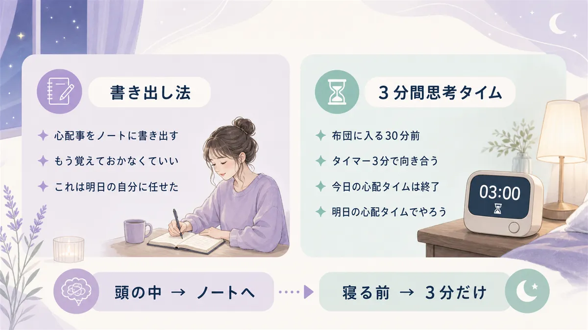 書き出し法で思考を頭の外に逃がす方法と、3分間思考タイムを寝る前に設ける方法を紹介します。
