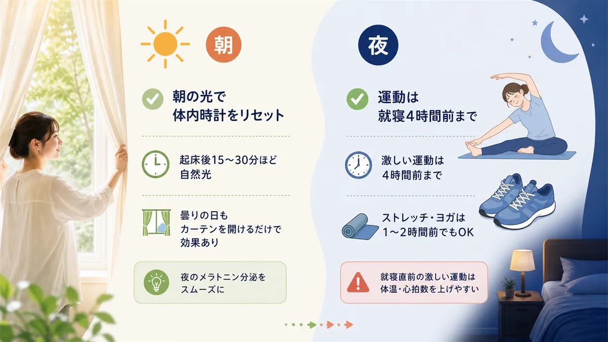 運動は就寝4時間前までに終えること、朝の光が体内時計をリセットすることを紹介します。