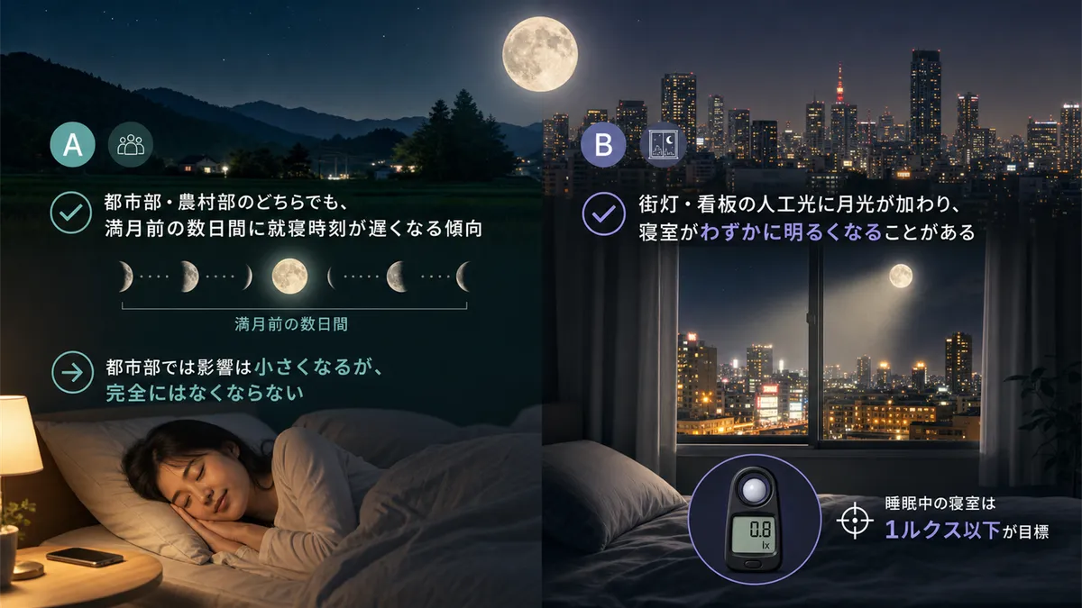 都市部でも農村部でも観察された睡眠の変化と、都市部の光害と月光が重なる影響を解説します。