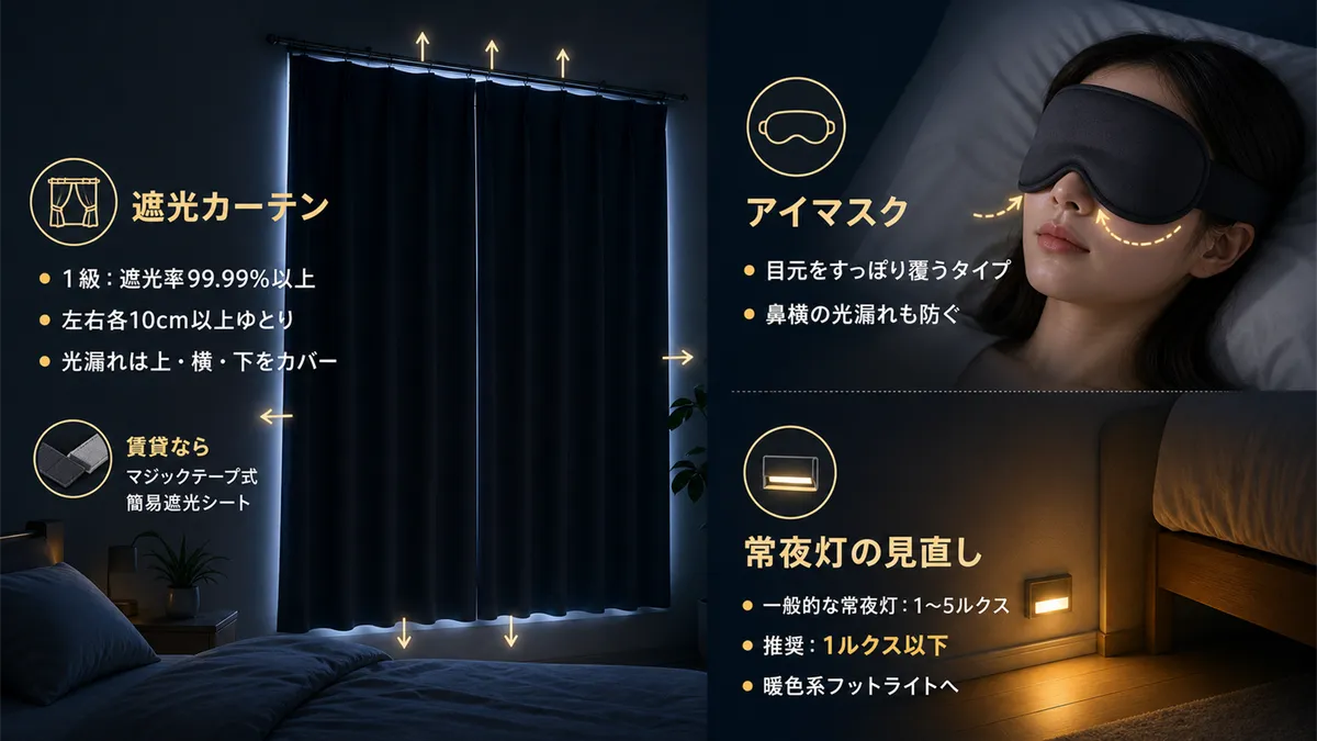 遮光カーテンの選び方と光漏れ対策、アイマスクと寝室の常夜灯の見直しを紹介します。