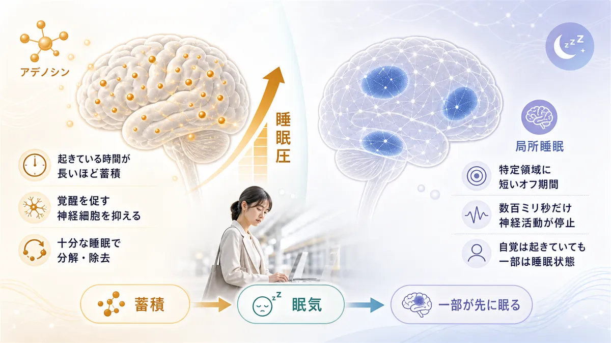 睡眠圧を作るアデノシンの蓄積と、脳の一部が先に眠り始める「局所睡眠」の仕組みを解説します。