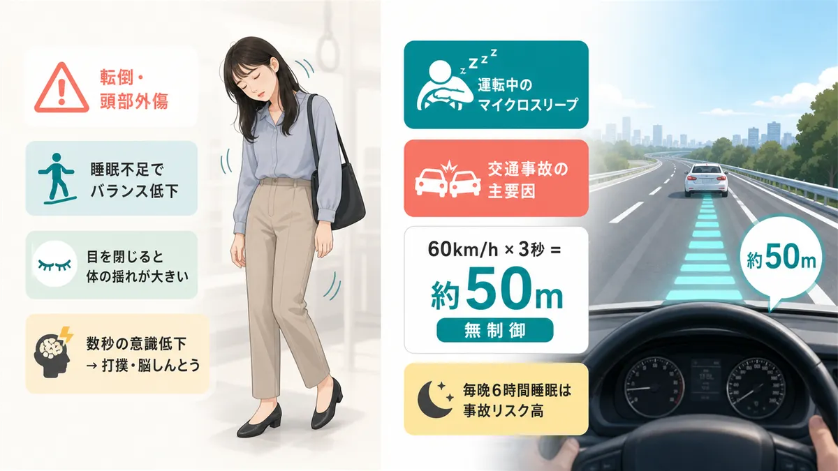 転倒・頭部外傷のリスクと、運転中のマイクロスリープが交通事故の主要因であることを解説します。