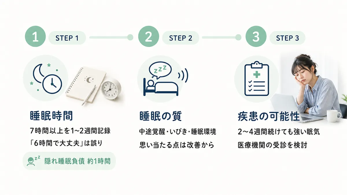 睡眠時間が足りているか、睡眠の質に問題がないか、疾患の可能性を順に検討するステップを紹介します。