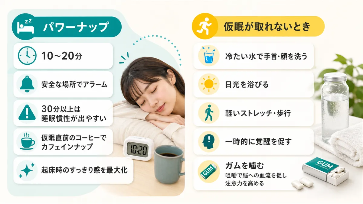 パワーナップの正しいやり方と、仮眠が取れないときの応急テクニックを紹介します。