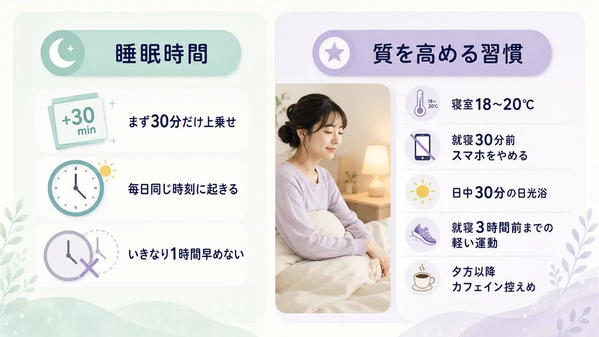 睡眠時間の目安と確保のコツ、睡眠の質を高める環境と習慣を紹介します。