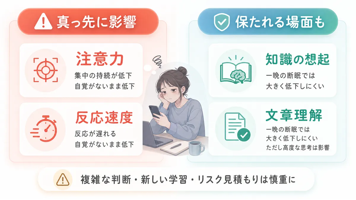 注意力と反応速度が真っ先に影響を受けること、一方で基本的な認知機能は意外と保たれる場面もあることを解説します。