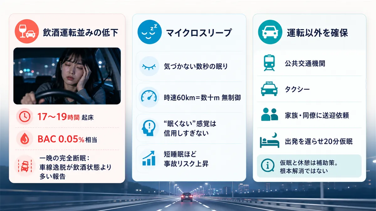 睡眠不足の運転が飲酒運転と同等と言われる理由、マイクロスリープの怖さ、運転以外の移動手段を確保するための選択肢を紹介します。