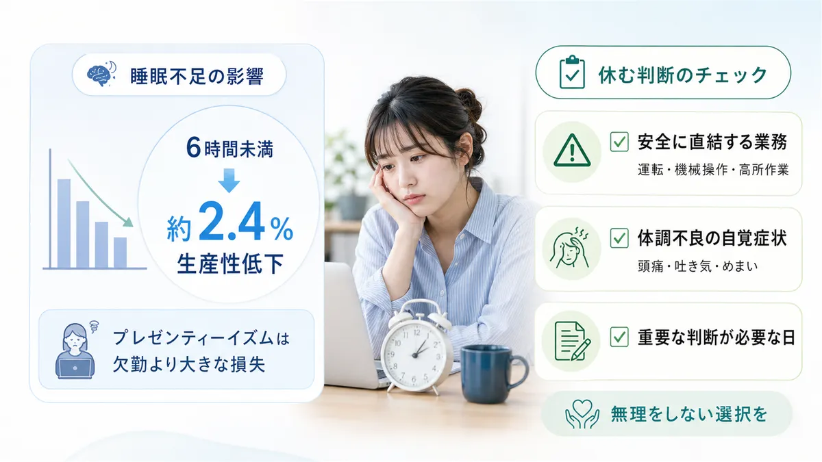 睡眠不足が仕事のパフォーマンスに与える影響と、休むを選ぶための3つのチェックポイントを紹介します。