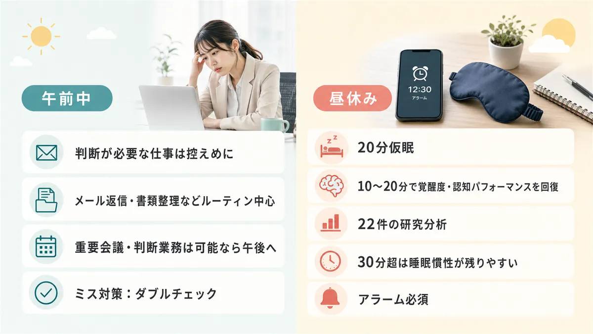 午前中のタスクの優先順位の見直し方と、昼休みの20分仮眠で午後のパフォーマンスを取り戻す方法を紹介します。