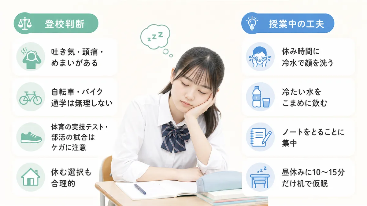 登校するかどうかを決める判断のポイントと、授業中の眠気をしのぐ現実的な工夫を紹介します。