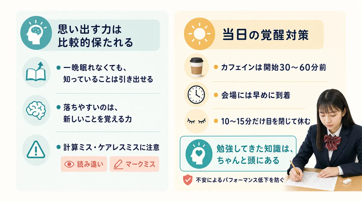 一晩眠れなくても「知っていること」は思い出せること、試験当日にできる覚醒対策と注意点を紹介します。