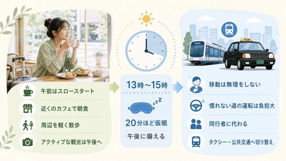 午前はスロースタートで体力を温存すること、旅先での仮眠タイミングと移動時の注意点を紹介します。