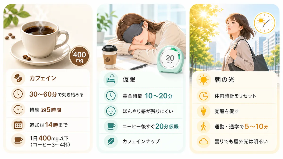 カフェインの効果的な摂り方とタイミング、10〜20分の仮眠が最も効率よく覚醒度を回復させること、朝の光で体内時計をリセットする方法を紹介します。