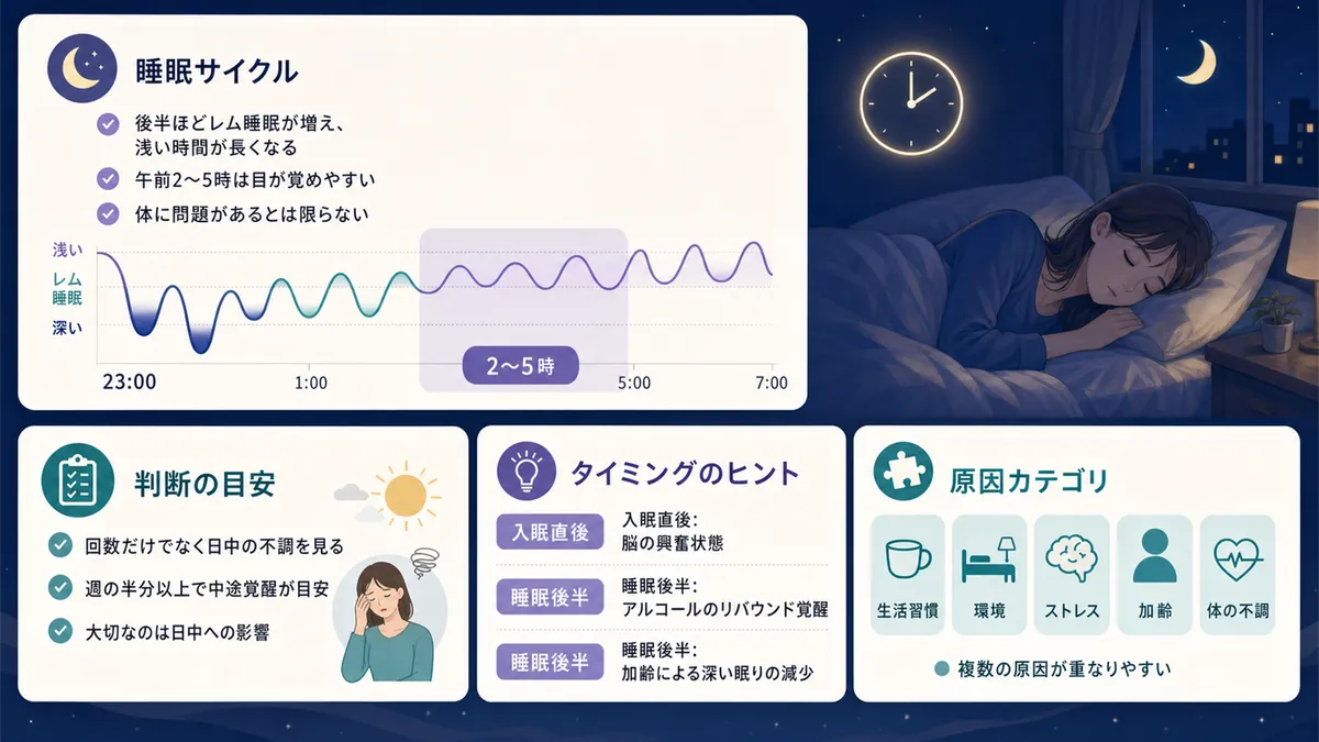 睡眠サイクルと浅い眠りの谷間のしくみ、回数だけでなく日中の不調で判断すること、覚醒タイミングによる原因のヒント、5つの原因カテゴリを整理します。
