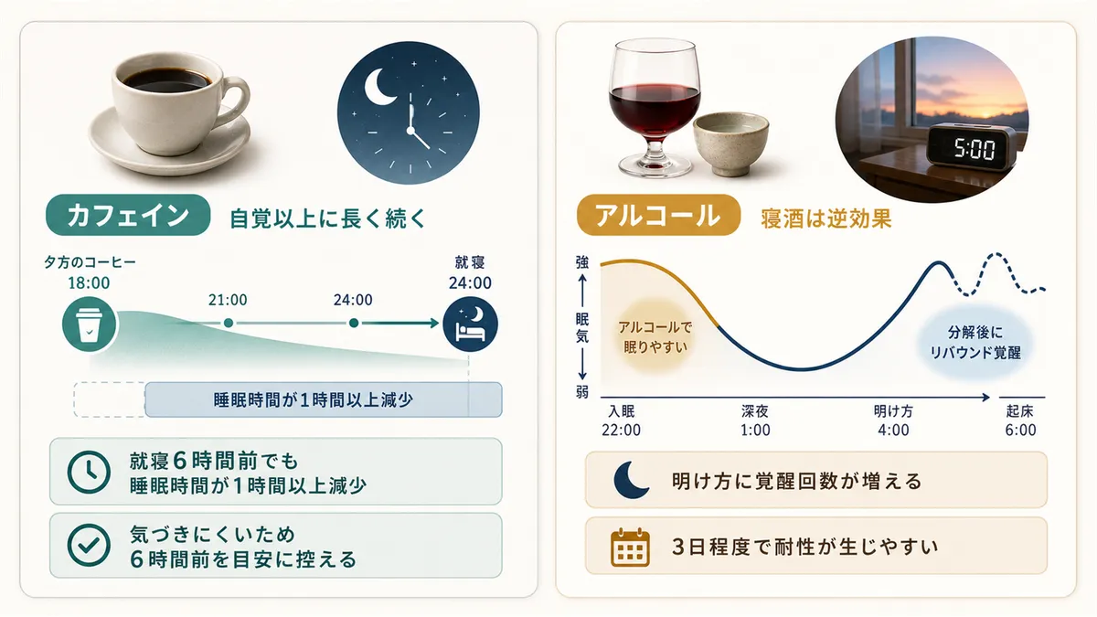 カフェインの影響は自覚以上に長く続くこと、寝酒が逆効果になるアルコールのリバウンド覚醒を解説します。