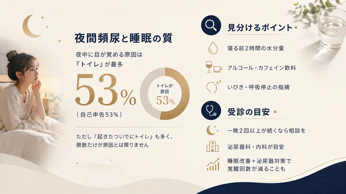 夜間のトイレは「先に目が覚めてついでにトイレに行く」パターンもあることを解説します。