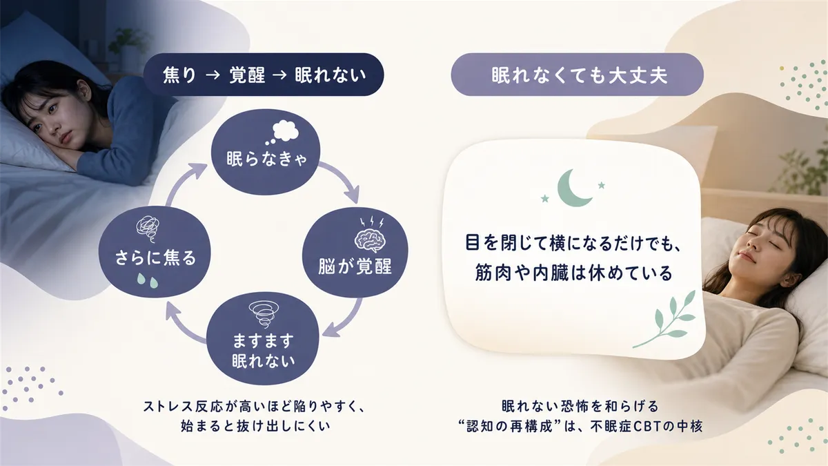 焦りから覚醒レベルが上がる悪循環と、「眠れなくても大丈夫」と思えるための考え方を紹介します。