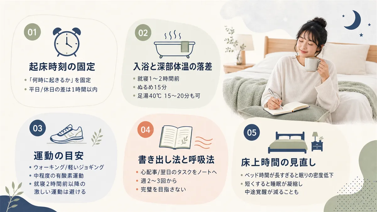 起床時刻の固定、入浴と深部体温の落差、運動の種類・タイミング・頻度、書き出し法と呼吸法、床上時間の見直しを紹介します。