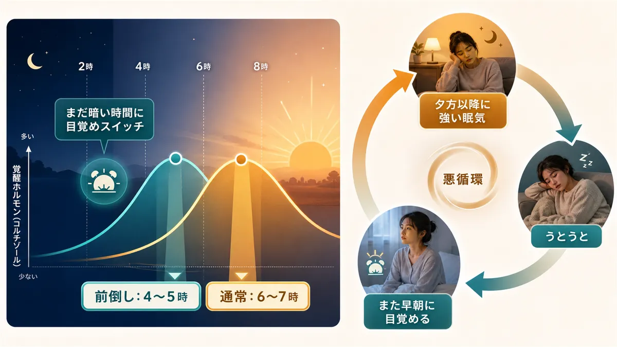体内時計が前倒しになることで早朝覚醒が起きる仕組みと悪循環を解説します。
