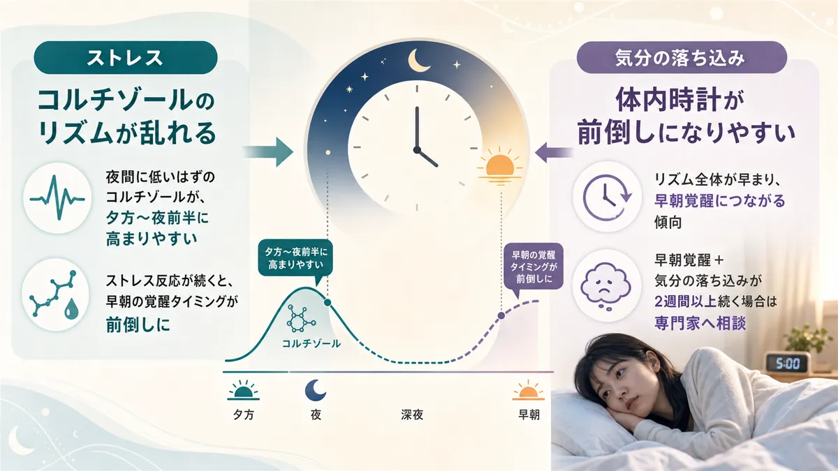ストレスやうつ傾向が早朝覚醒を引き起こすメカニズムと注意点を紹介します。