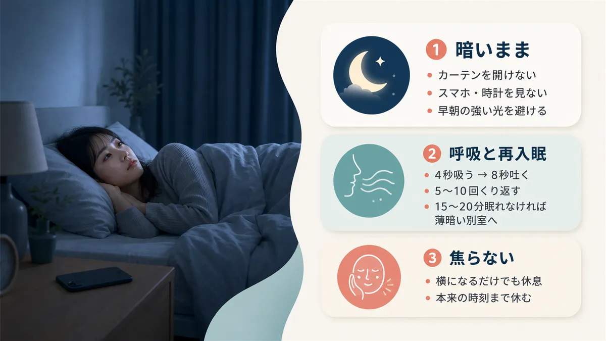 目が覚めてしまった朝に実践できる対処法を紹介します。